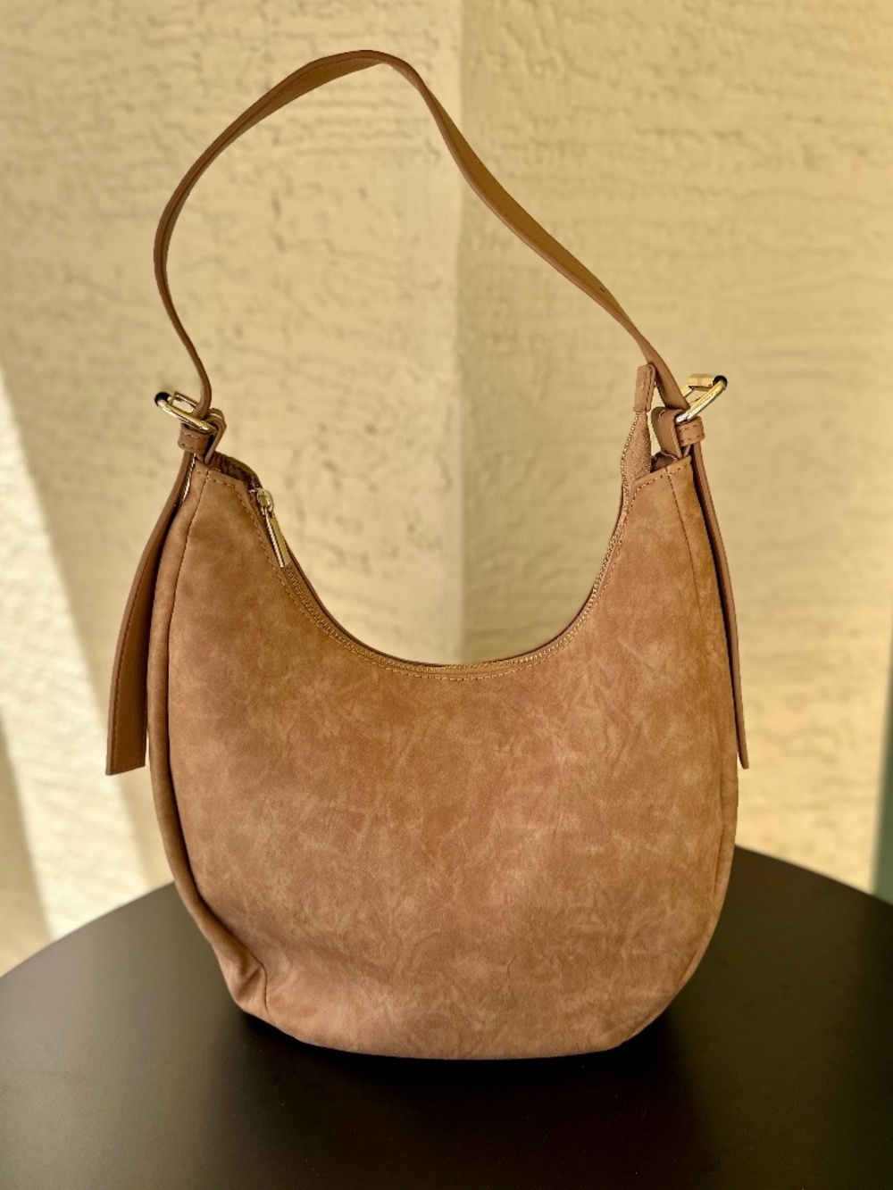 4th & Reckless, Camel Brown Faux Suede Crescent Shoulder Bag